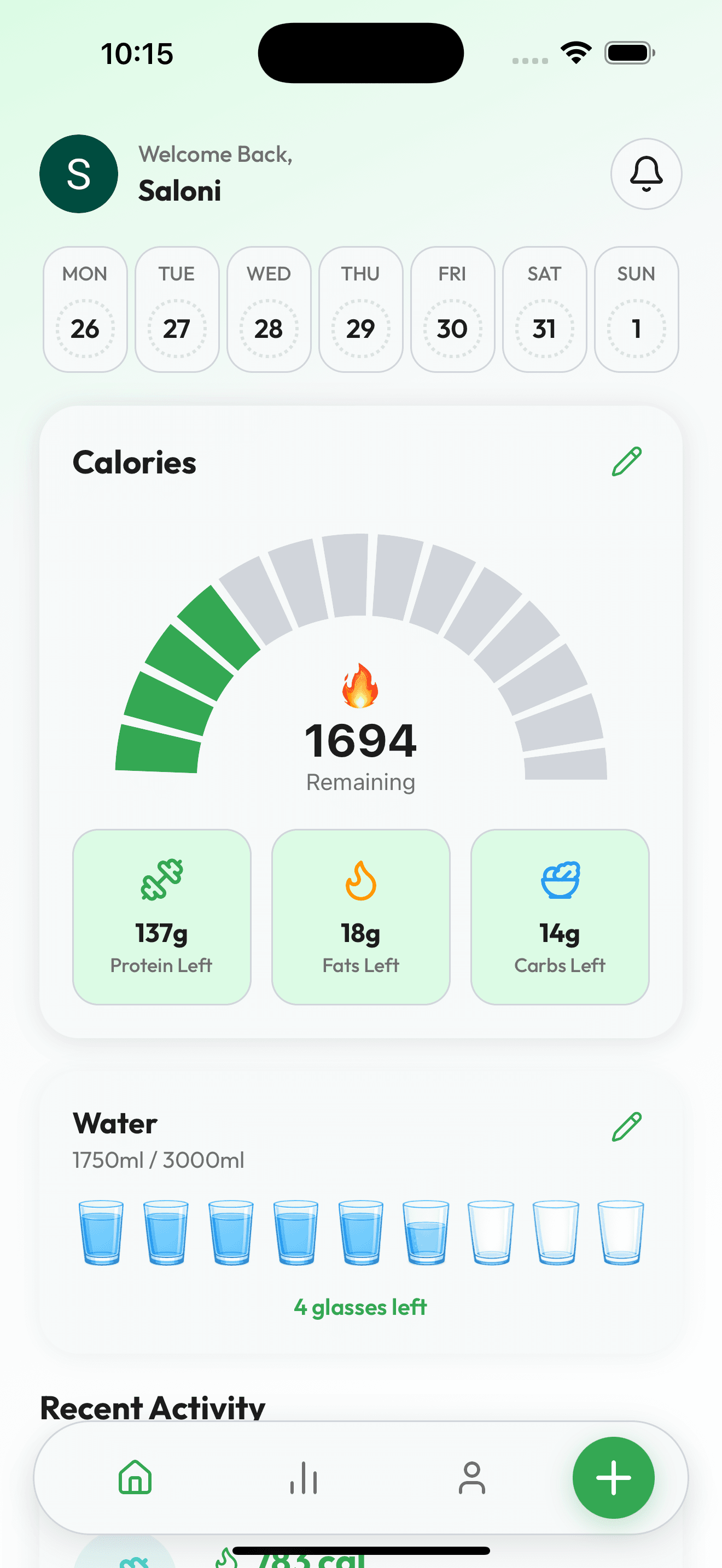Calorix App - Main Dashboard